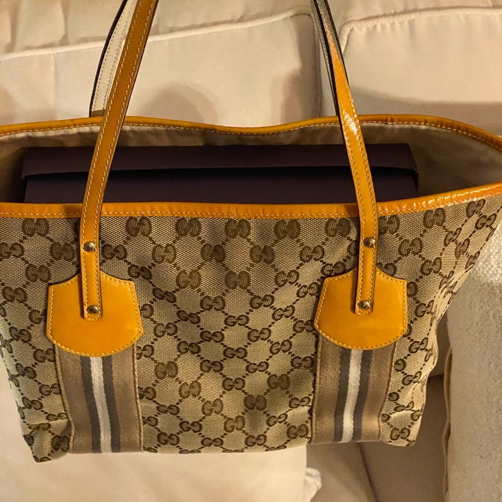 Gucci Beige GG Canvas Tote with Leather Trim